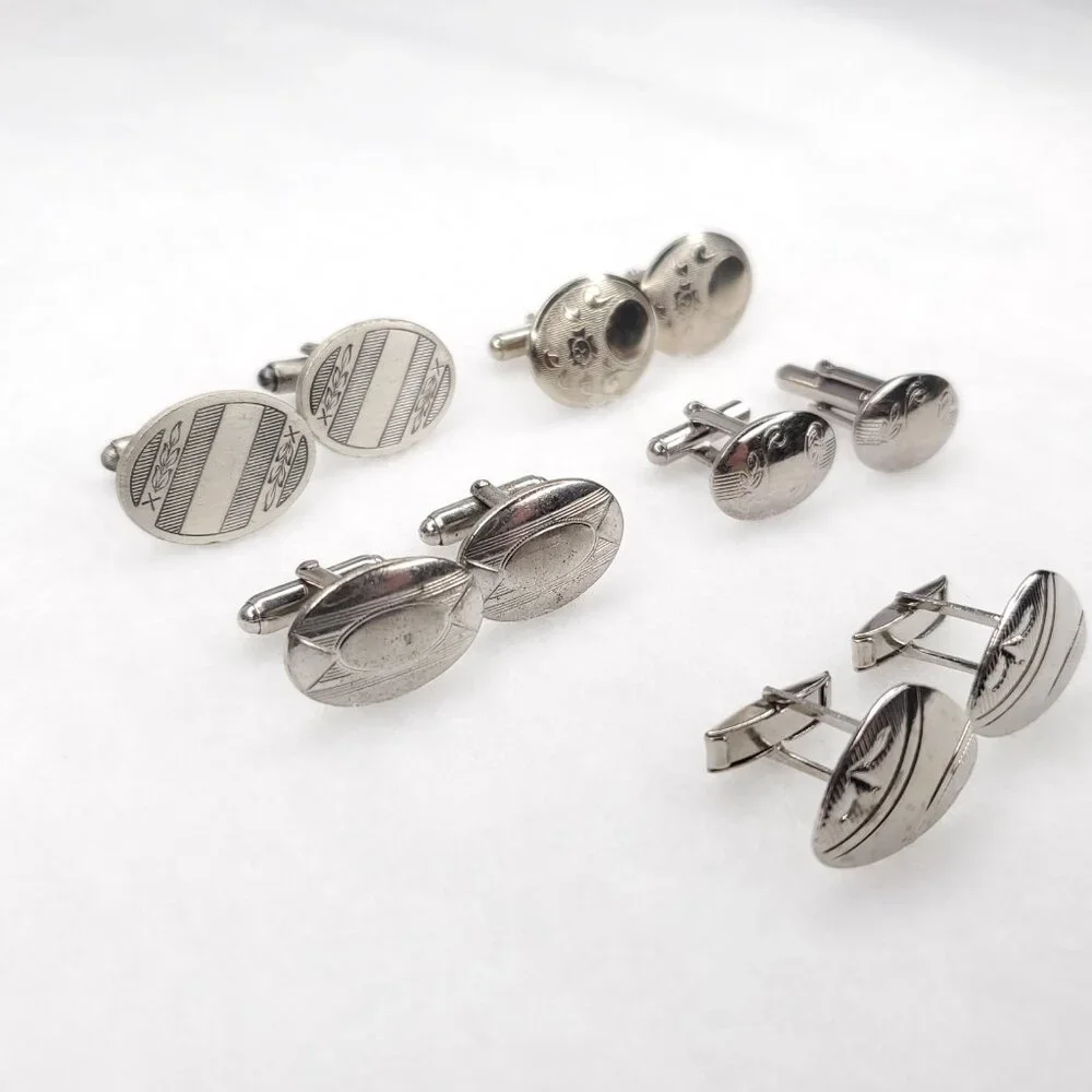 Vintage Cufflinks Silver Tone Oval Round Anson Shields Unbranded Lot Of 5 Pair